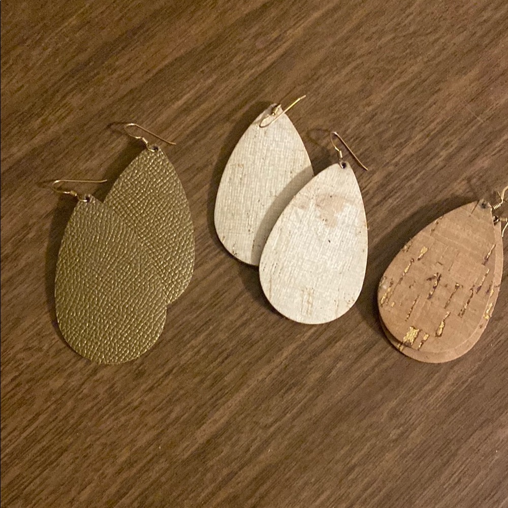 Set of Three Nickel & Suede Teardrop Earrings in Gold, White, and Tan